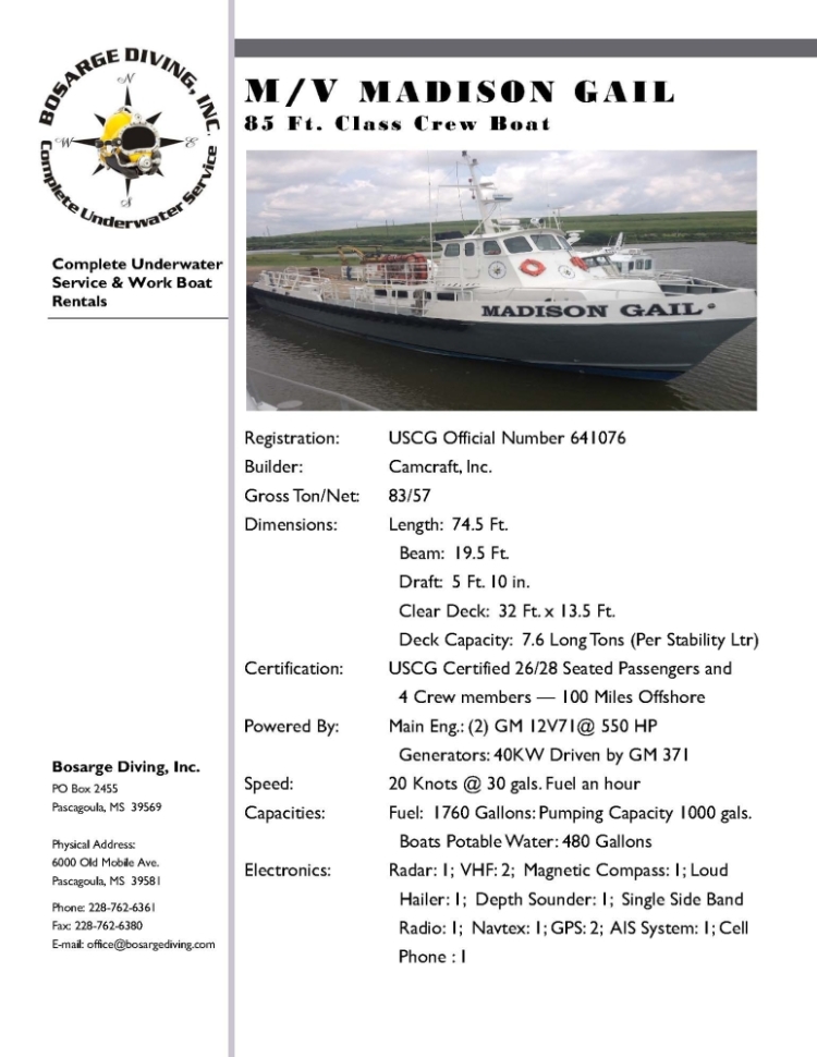 MV Madison Gail Spec Sheet